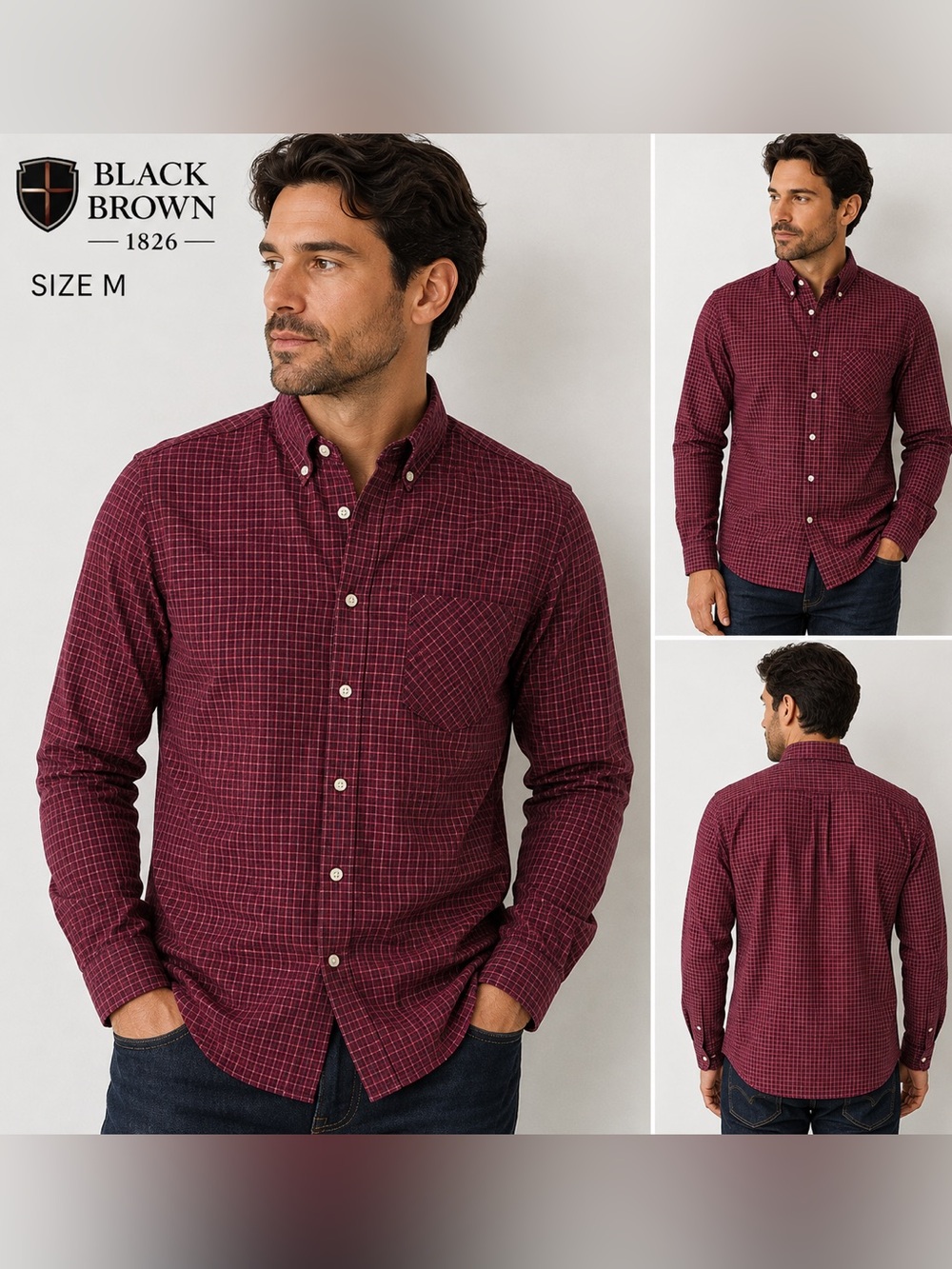 Black Brown 1826 Men’s Red Plaid Check 100% Cotton Button Down Shirt Size M